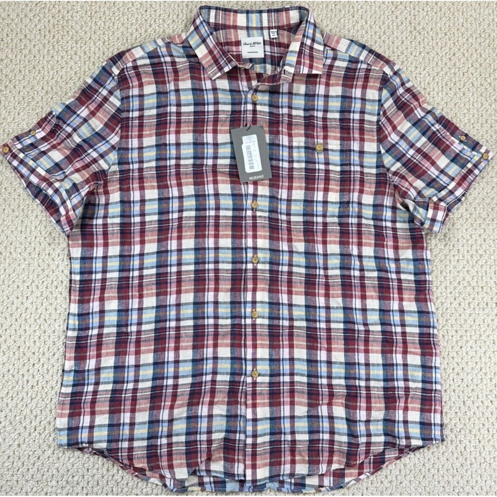 Murano Baird McNutt Shirt Mens XL Red Plaid Linen Button-Up Short Sleeve NEW